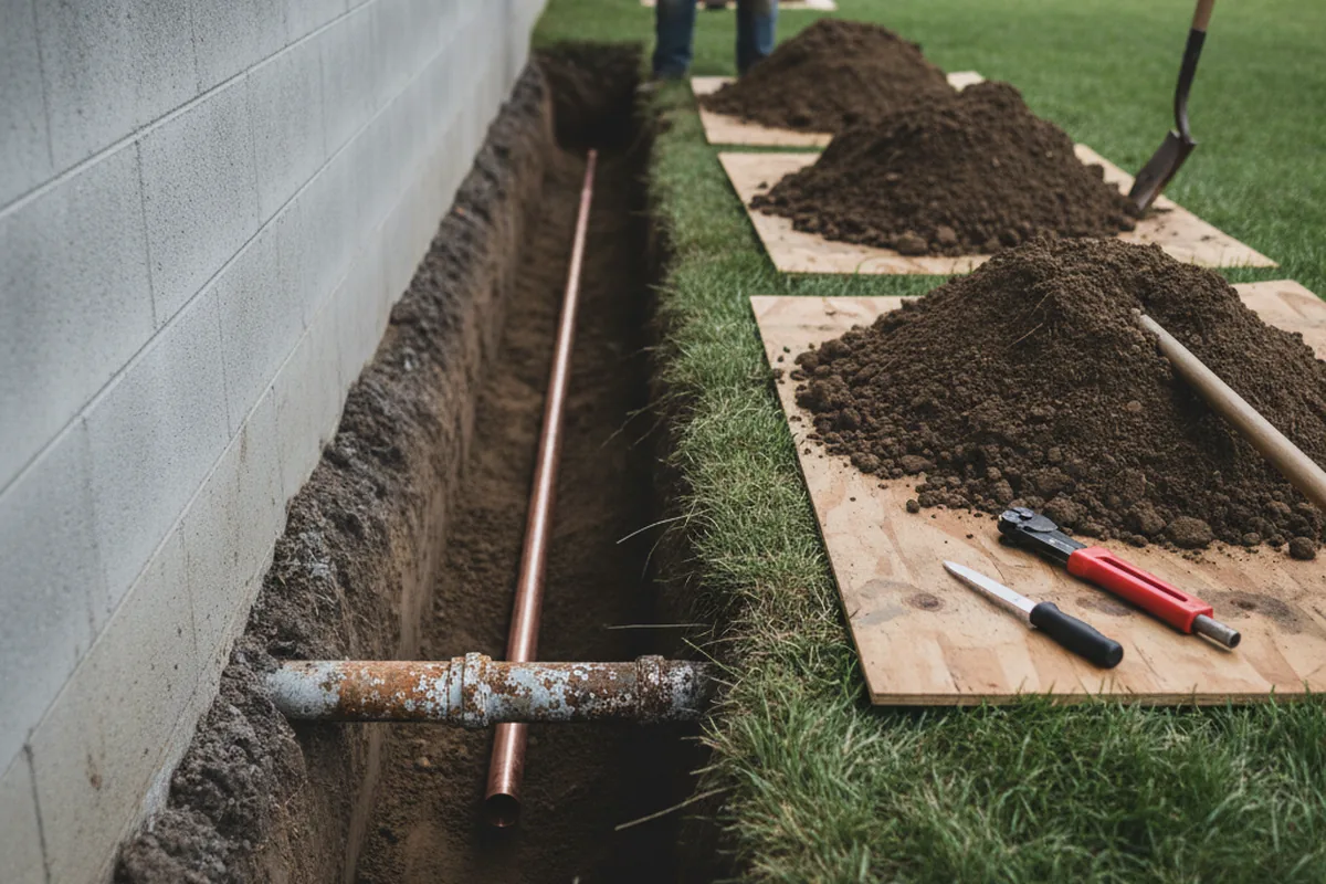 Excavated water line trench during Water Softener Installation in Gary